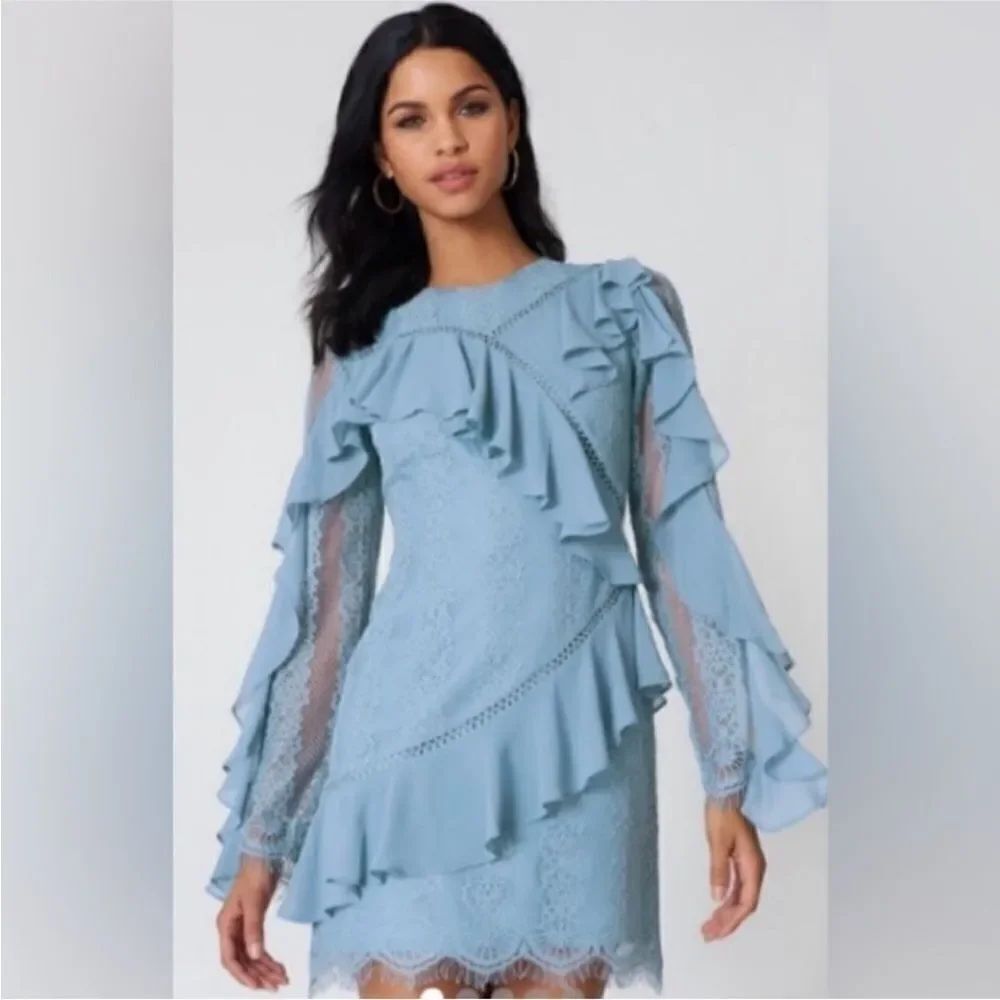 Keepsake Elegant Blue Ruffle mini Dress, XS